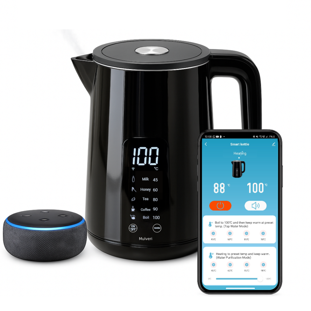 Smart Kettle by Mulveri - Voice Control with Amazon Alexa & Google, Temperature Control, Keep Warm Function, LED Touch Display, 1.7L | Stainless Steel
